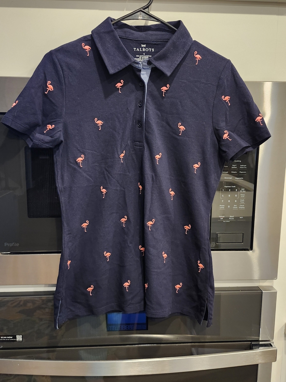 Talbots Navy Polo Top with Pink Flamingo Print